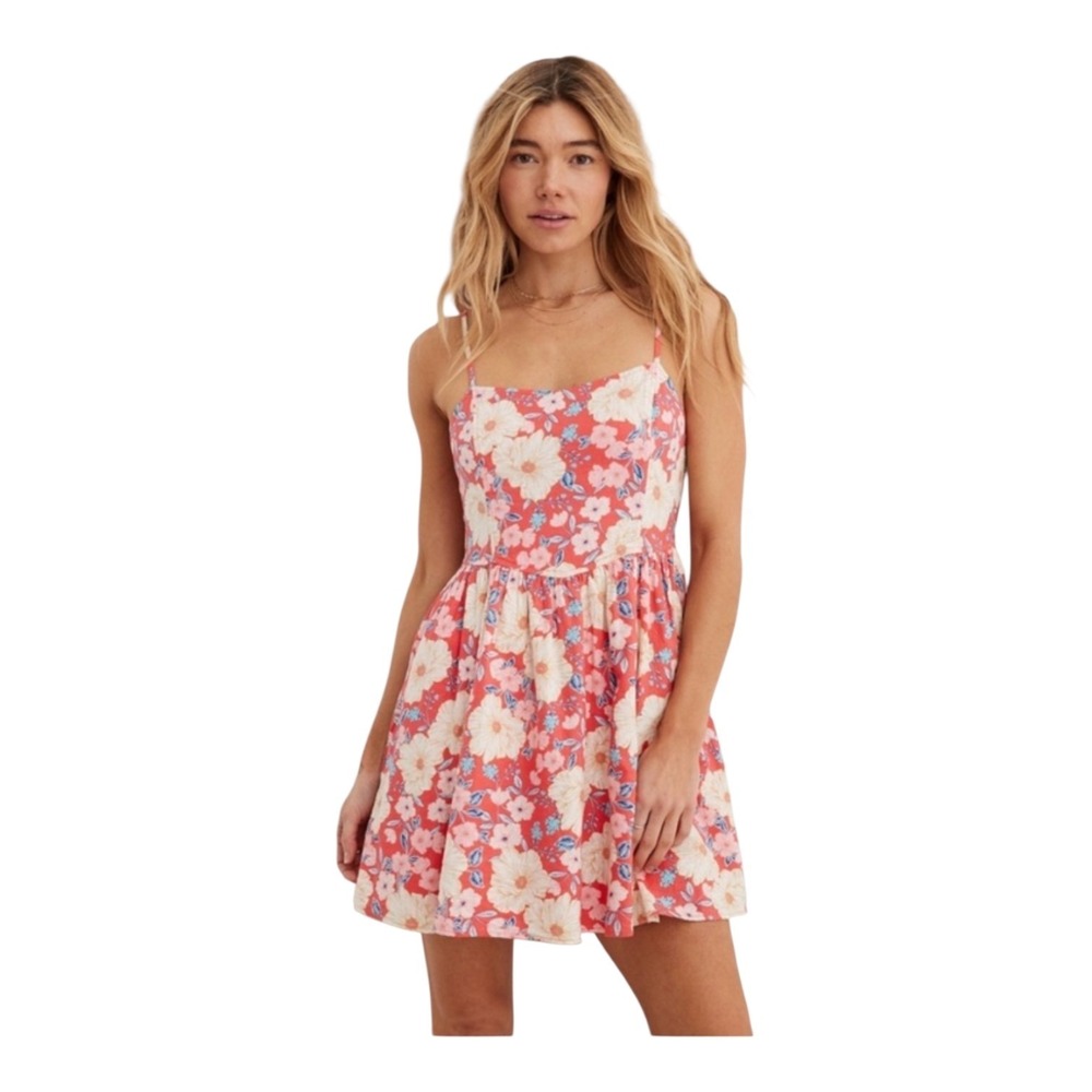 Aerie Love Of Linen Blend Womens L Coral Floral Pockets Beach‎ Cruise Mini Dress